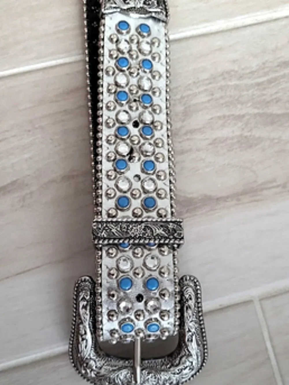 Vintage Silver Metallic Western Style Belt w/ Clear & Blue Rhinestone Studs